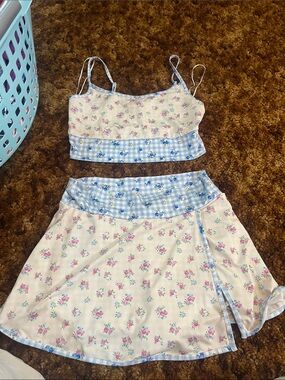 Floral Cream & Blue Gingham Wrap Skirt skort Set - Women's Two-Piece